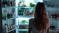 Generative AI Point of view POV inside refrigerator Caucasian girl hungry woman open fridge at home kitchen look a Royalty Free Stock Photo