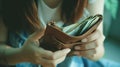 Generative AI poor Asian woman hand open empty purse looking for money having problem bankrupt broke after credit Royalty Free Stock Photo