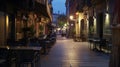 Generative AI Portales street with restaurants in evening Logrono Spain business concept.