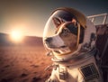 An astronaut's dog wearing a full space suit