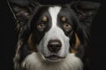 Generative AI. Portrait of a Border collie dog face closeup, detailed cinema graphic with shallow depth of field