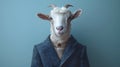 Generative AI. Portrait of a Goat Wearing a Stylish Grey Peacoat Against a Blue Background. Anthropomorphic concept Royalty Free Stock Photo