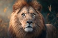 Generative AI. Portrait of a male lion with dark mane, closeup
