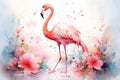 Generative AI. Portret of a Flamingo bird, watercolor painting. Red flamingo