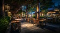 Generative AI portrtait of beautiful outdoor and indoor restaurant view in night illumination business concept. Royalty Free Stock Photo