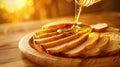 Generative AI Pouring oil onto slices of bread on wooden plate closeup business concept.