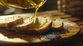 Generative AI Pouring oil onto slices of bread on wooden plate closeup business concept.