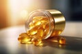 Generative AI premium quality of omega-3 capsules. The image features a close-up of a transparent glass jar filled with