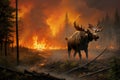 Generative AI problem of forest fires, climate change and global warming. Hell on earth. Adult moose with beautiful Royalty Free Stock Photo