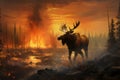 Generative AI problem of forest fires, climate change and global warming. Hell on earth. Adult moose with beautiful