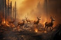 Generative AI problem of forest fires, climate change and global warming. Hell on earth. A herd of deer are trying to