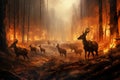 Generative AI problem of forest fires, climate change and global warming. Hell on earth. A herd of deer are trying to Royalty Free Stock Photo