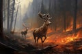 Generative AI problem of forest fires, climate change and global warming. Hell on earth. A herd of deer are trying to