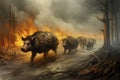Generative AI problem of forest fires, climate change and global warming. Hell on earth. Wild boars trying to escape Royalty Free Stock Photo