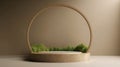 Generative AI, product beige minimal scene with geometric podium platform and moss plants, mock up stand