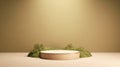 Generative AI, product beige minimal scene with geometric podium platform and moss plants, mock up stand