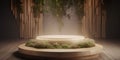 Generative AI, product beige minimal scene with geometric podium platform and moss plants, mock up stand