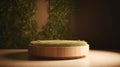 Generative AI, product beige minimal scene with geometric podium platform and moss plants, mock up stand