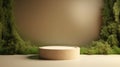 Generative AI, product beige minimal scene with geometric podium platform and moss plants, mock up stand