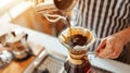 Generative AI Professional barista making filtered drip coffee in coffee shop Close up of hands barista grinding c