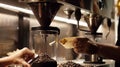 Generative AI Professional barista making filtered drip coffee in coffee shop Close up of hands barista grinding c