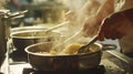 Generative AI Professional kitchen in the hotel restaurant closeup of chef preparing risotto on the stove business