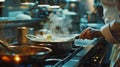 Generative AI Professional kitchen in the hotel restaurant closeup of chef preparing risotto on the stove business