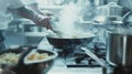 Generative AI Professional kitchen in the hotel restaurant closeup of chef preparing risotto on the stove business