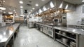 Generative AI Professional Stainless Steel Restaurant Kitchen Interior with Cooking Equipment and Ample Workspace Royalty Free Stock Photo