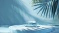 Generative AI Pure Water Surface Texture on Blue Wall Studio with Light Shadow Palm Leaves BackdropPodium Display Royalty Free Stock Photo