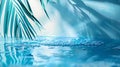 Generative AI Pure Water Surface Texture on Blue Wall Studio with Light Shadow Palm Leaves BackdropPodium Display Royalty Free Stock Photo