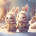 Rabbits in the snow fairytale