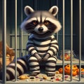 Generative AI raccoon in a prisoner\'s striped clothes illustration