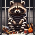 Generative AI raccoon in a prisoner\'s striped clothes illustration