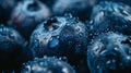 Generative AI Raw blueberries with waterdrops dark blue food background Blueberries close up business concept.