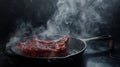 Generative AI Raw fresh meat Tomahawk Steak in Cast iron frying pan on dark background business concept. Royalty Free Stock Photo