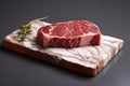 Generative AI, raw fresh ribeye steak on a board on a table prepared for the grill, cowboy steak