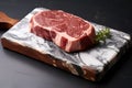 Generative AI, raw fresh ribeye steak on a board on a table prepared for the grill, cowboy steak