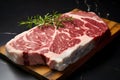 Generative AI, raw fresh ribeye steak on a board on a table prepared for the grill, cowboy steak