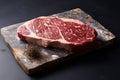 Generative AI, raw fresh ribeye steak on a board on a table prepared for the grill, cowboy steak