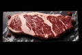 Generative AI, raw fresh ribeye steak on a board on a table prepared for the grill, cowboy steak