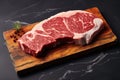 Generative AI, raw fresh ribeye steak on a board on a table prepared for the grill, cowboy steak