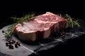 Generative AI, raw fresh ribeye steak on a board on a table prepared for the grill, cowboy steak