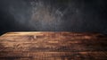 Generative AI Real wood table top texture on dark room interior design backgroundFor create product display or des Royalty Free Stock Photo