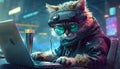 generative ai realistic virtual reality cat wearing glass working computer. fantastic fantasy technology digital art