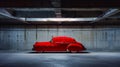 Generative AI Red covered vintage car in empty underground parking background with copy space business concept. Royalty Free Stock Photo