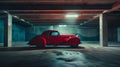 Generative AI Red covered vintage car in empty underground parking background with copy space business concept. Royalty Free Stock Photo