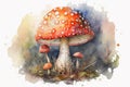 Generative AI. Red fly agaric, toadstool watercolor illustration isolated on white background