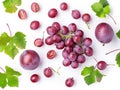 Generative AI Red grapes with green leaves and half sliced isolated on white background. Top view. Flat lay. Grape Royalty Free Stock Photo