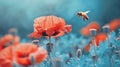 Generative AI Red poppy flower in a blooming blue field and a bee in nature closeup macro Soft selective focus bus Royalty Free Stock Photo